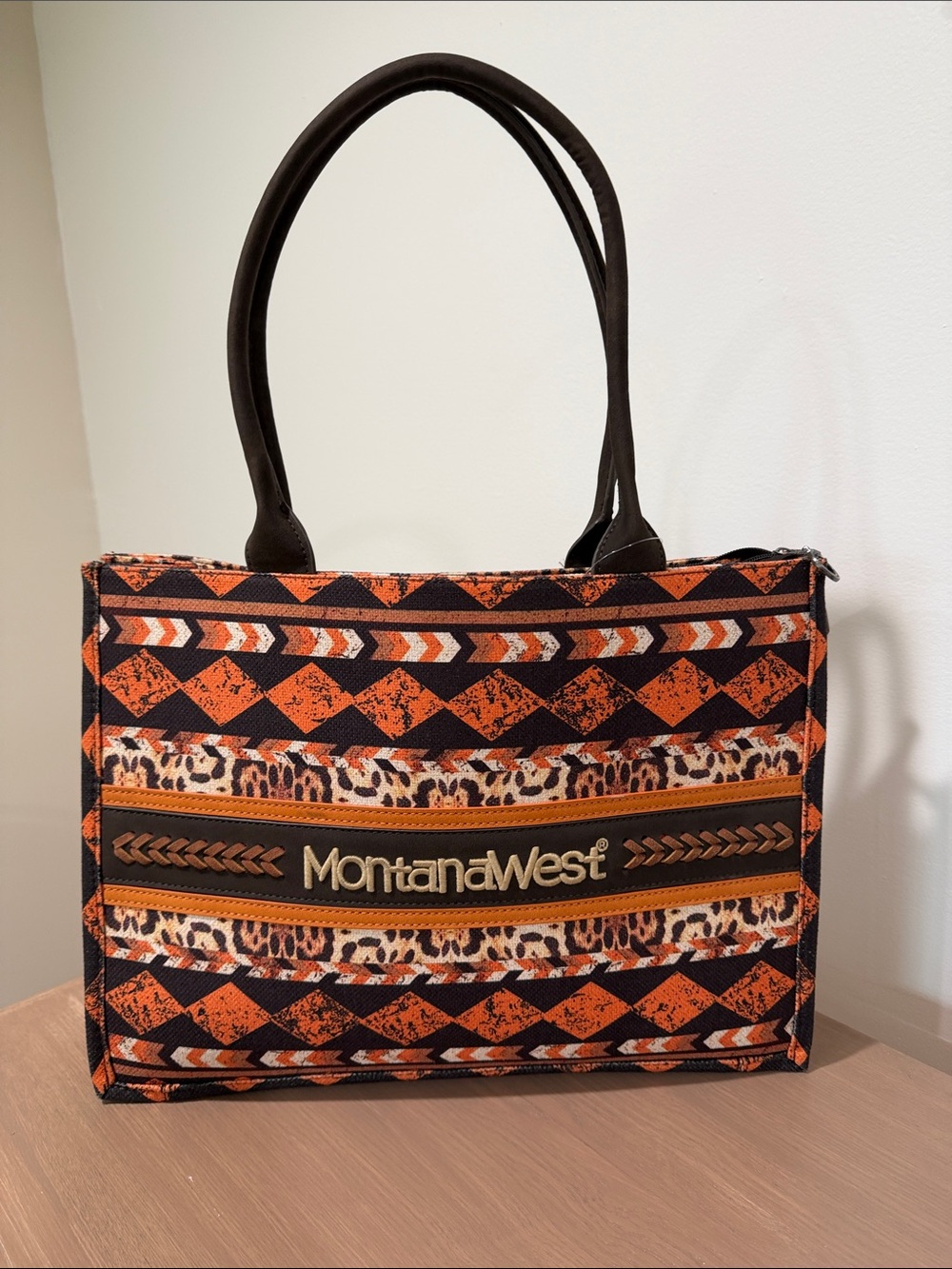 Montana West Orange, Black/ Brown /Cream Western/Aztec Patterned Tote Bag
